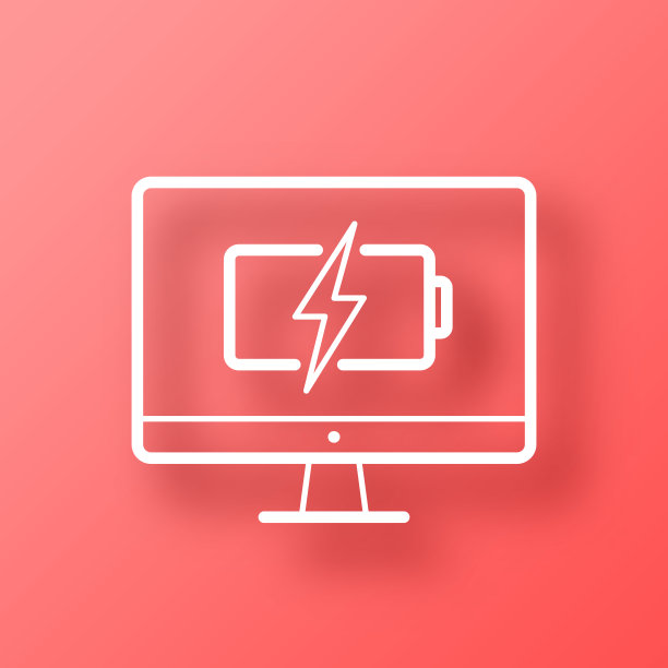 带有电池充电标志的台式电脑。图标在红色背景与阴影图片下载