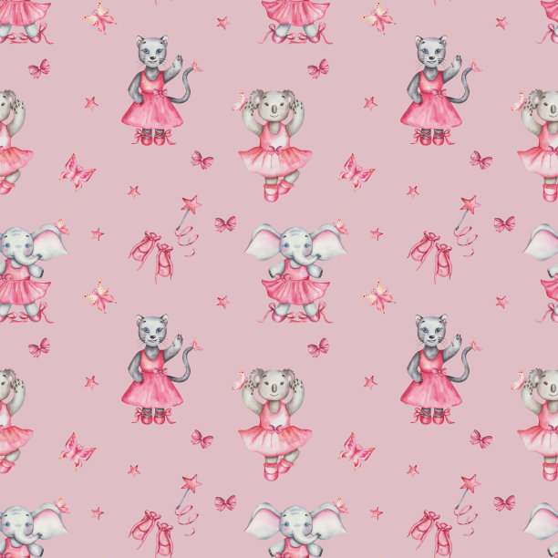 水彩无缝图案。手绘插图的卡通大象，黑豹猫，考拉熊。舞蹈教室里穿着粉色裙子和芭蕾舞鞋的女孩。在粉红色背景上印刷，用于纺织品、包装图片下载
