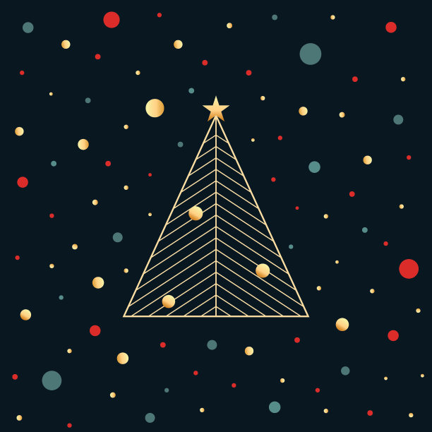 美丽简单的图形金色圣诞树与星星在黑暗的海军背景与彩色纸屑。圣诞快乐新年贺卡模板图片下载
