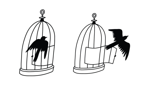 鸟笼里有圈养的鸟，敞开的鸟笼里有放生的鸟。自由的心理学隐喻图片下载