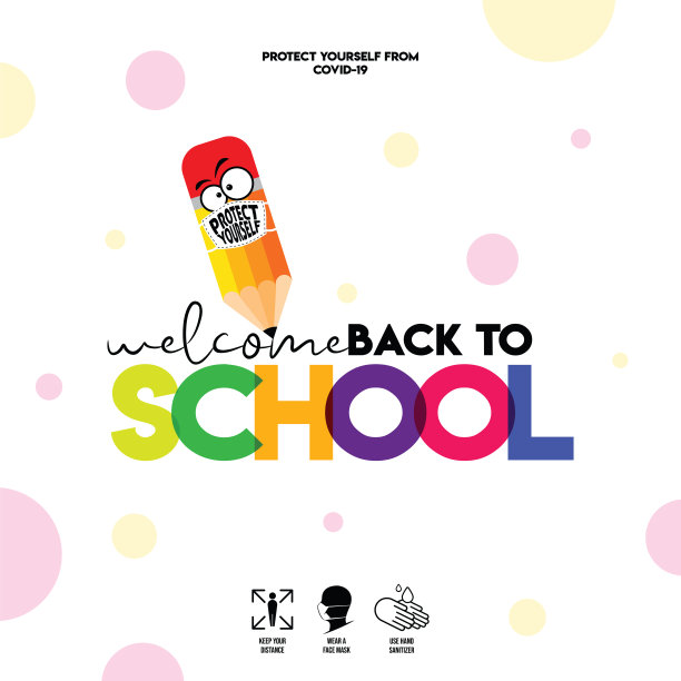 矢量回到学校横幅，海报背景。白色背景上的彩色铅笔和面罩。股票插图。关于冠状病毒或covid-19病媒插图的警告标志图片下载