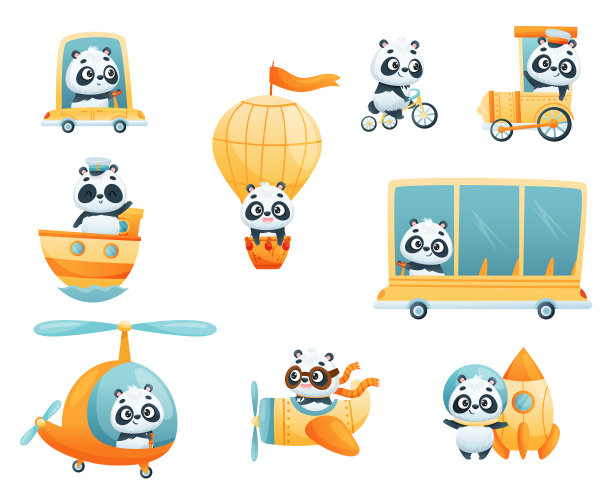 可爱的熊猫角色飞行和驾驶直升机图片下载