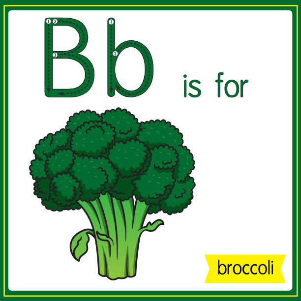 矢量插图学习字母为儿童与卡通形象。字母B代表西兰花。图片下载