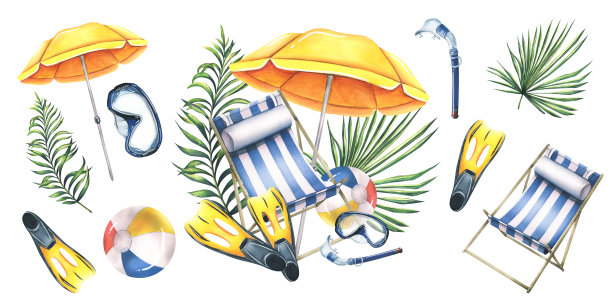 带伞、沙滩球、潜水面罩、脚蹼和热带树叶的沙滩椅。集夏天，明亮的水彩插图，手绘，孤立在一个白色的背景。图片下载