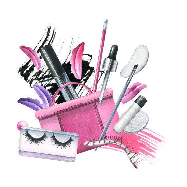 粉红色化妆袋，配有美容大师的睫毛延伸和层压工具，配有刷子，硅胶卷。水彩插图，手绘。白色背景上孤立的构图。图片下载