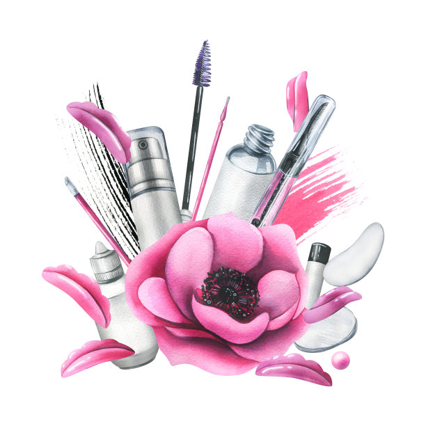 粉色化妆包，里面有美容大师的睫毛贴膜工具，有刷子，硅胶卷，贴片。水彩插图，手绘。白色背景上孤立的构图图片下载