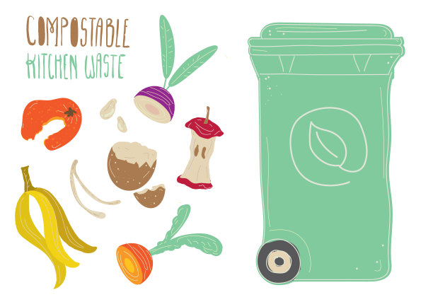 可堆肥的厨房垃圾堆肥箱与手工绘制的食物废料图片下载