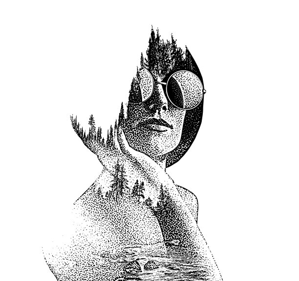 多次曝光的年轻女子与森林和河流图片下载