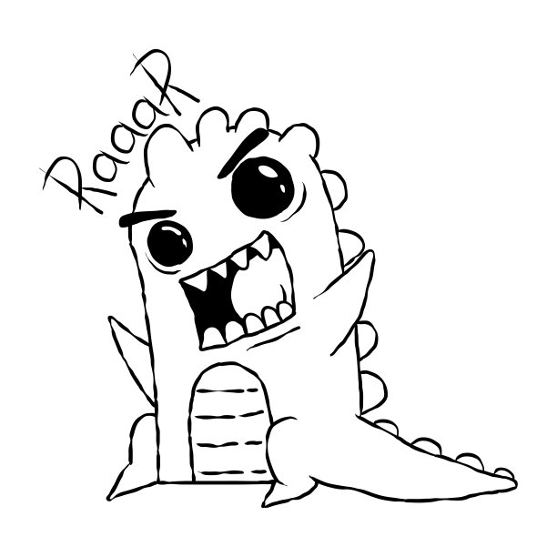 卡通黑白滑稽可爱的素描-咆哮的恐龙。图片下载