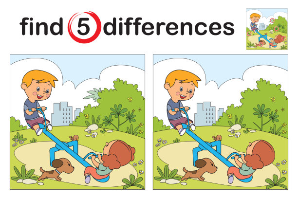 寻找差异，可爱的孩子在操场玩跷跷板图片下载