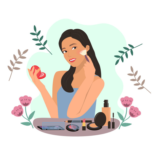 年轻女子在化妆台上化妆。图片下载