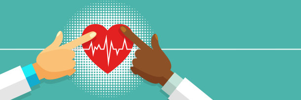 救护车、心脏病学、扁平风格的医疗保健概念。医生的手在彩色背景上握住心脏的脉搏。图片下载