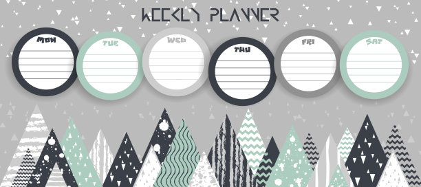 周报，日记，新年扁平化的规划理念。待办事项清单笔记在彩色抽象几何背景与花哨的圣诞树。图片下载