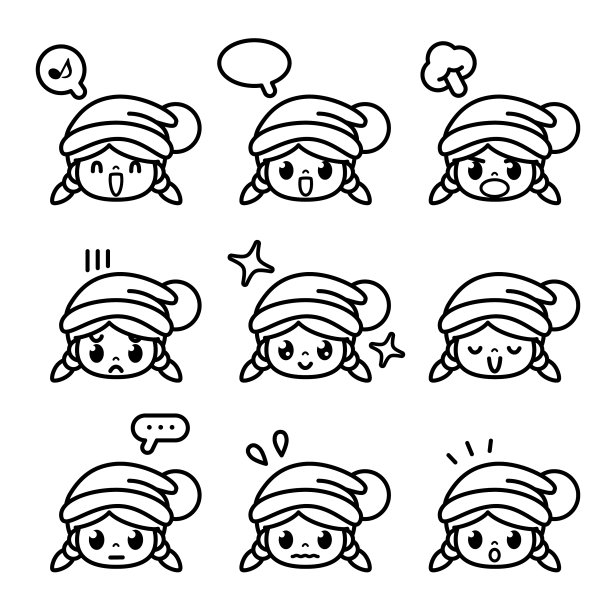 戴着圣诞帽的可爱女孩的圣诞图标集，有九种黑白面部表情图片下载