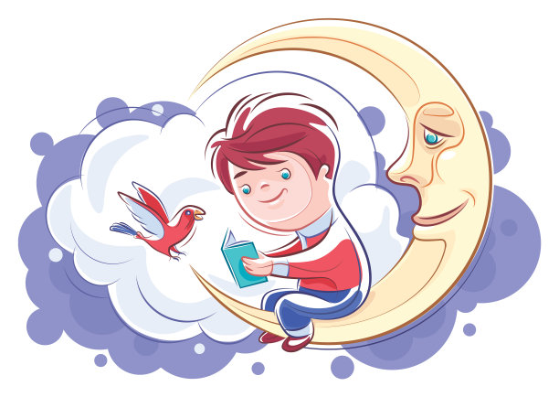孩子坐在新月上看书图片下载
