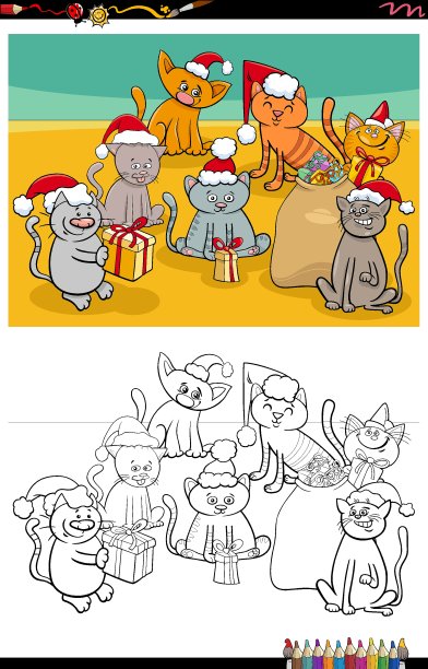 卡通猫群在圣诞时间涂色书页图片下载
