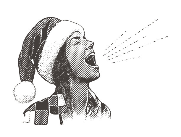 年轻女子戴着圣诞老人帽唱歌图片下载