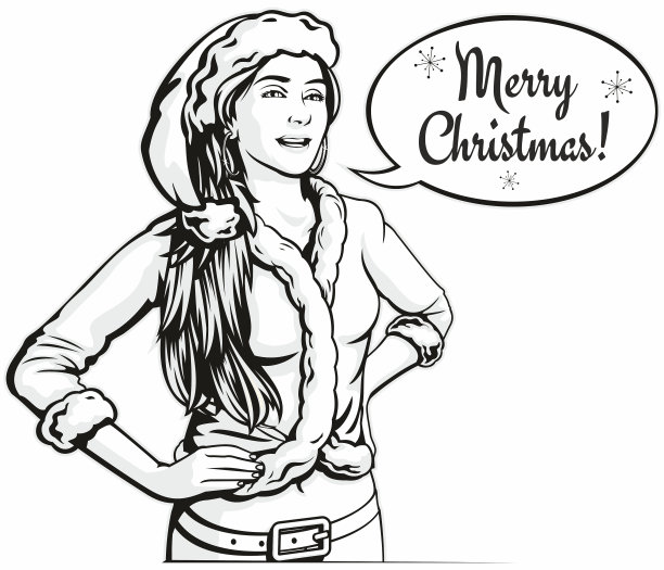 一个快乐的圣诞女人谈话的波普艺术插图图片下载
