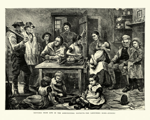19世纪70年代的晚上，维多利亚时代的农业工人在家里图片下载