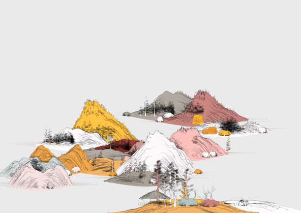 中国传统山水画插图，山、水、树图片下载