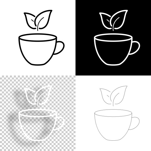 茶杯和茶叶。图标设计。空白，白色和黑色背景-线图标图片下载