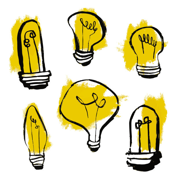 灯泡、铅笔和彩绘设计图片下载