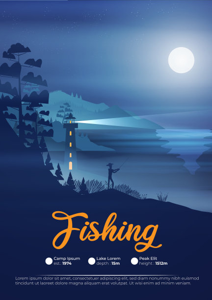 海滨海报晚上与灯塔和渔民图片下载