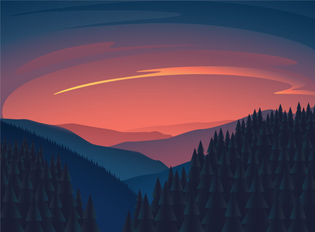 干净的极简主义日落自然插图与山和树图片下载