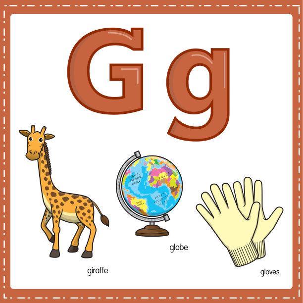 向量插图学习字母G的小写和大写的儿童与3卡通图像。长颈鹿全球手套。图片下载