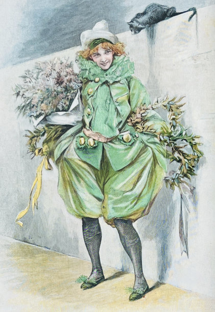 身着狂欢节服装的年轻女子，浑身是花，墙上挂着一只猫图片下载