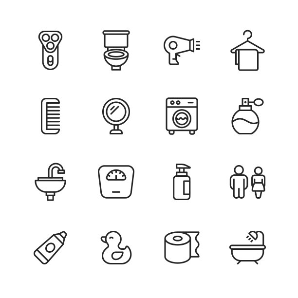 浴室行图标。可编辑的中风。像素完美。移动和网络。包含如剃刀，马桶，染发器，毛巾，衣架，梳子，镜子，洗衣机，香水，水龙头，水槽，体重秤，肥皂，肥皂容器，卫生纸，浴缸等图标。图片下载