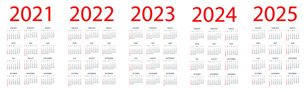 日历2021 2022 2023 2024 2025 -简单布局插图。一周从周日开始。日历设定为2021年、2022年、2023年、2024年、2025年图片下载