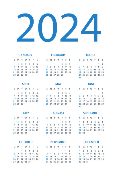 2024年日历 - 简约布局插图。周日开始。2024年日历套装图片下载