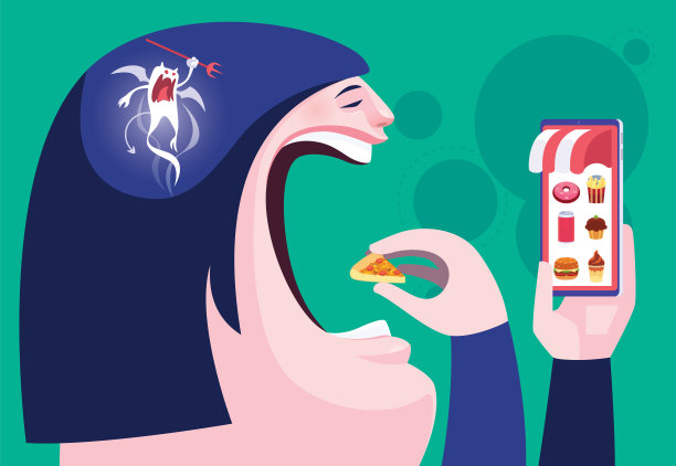 胖女人吃垃圾食品与智能手机在线商店图片下载