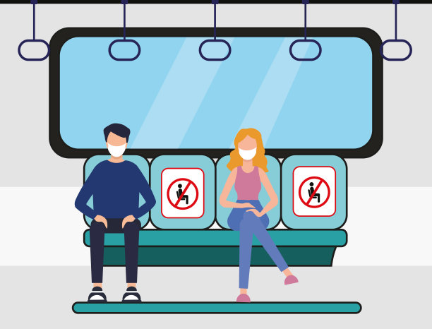 公共交通，请为您的健康社交距离媒介留空，由于冠状病毒大流行，人们正戴着医用口罩乘坐地铁和火车。与火车上的人保持社交距离的概念。图片下载