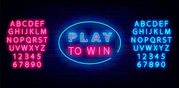 发挥赢得霓虹灯招牌。闪亮的蓝色和粉色字母。赌场的设计。向量股票插图图片下载
