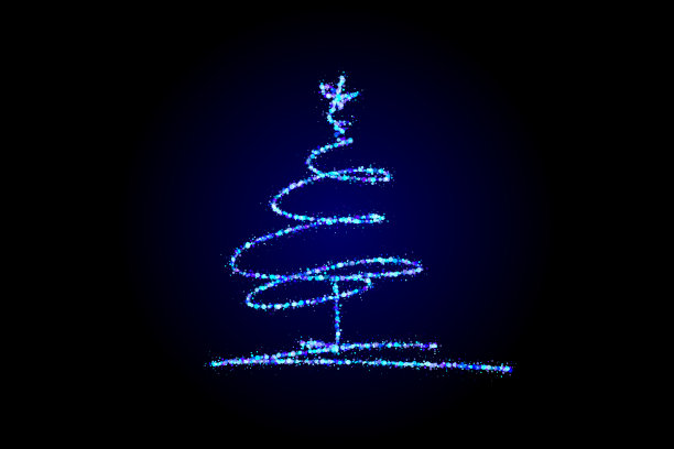 风格化的圣诞树由蓝色的灯在黑暗的背景。神奇的仙尘，闪耀的星尘。图片下载