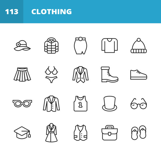 服装和时尚系列图标。可编辑的中风。像素完美。移动和网络。包含诸如衣服，时尚，夹克，帽子，裙子，毛衣，连衣裙，眼镜，背心，胸罩，西装，外套，运动衬衫，燕尾服，冬季夹克，衣柜，内裤。图片下载