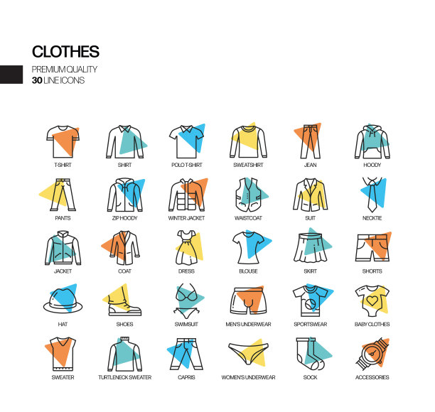 服装相关聚光灯向量线图标的简单设置。大纲符号集合。图片下载