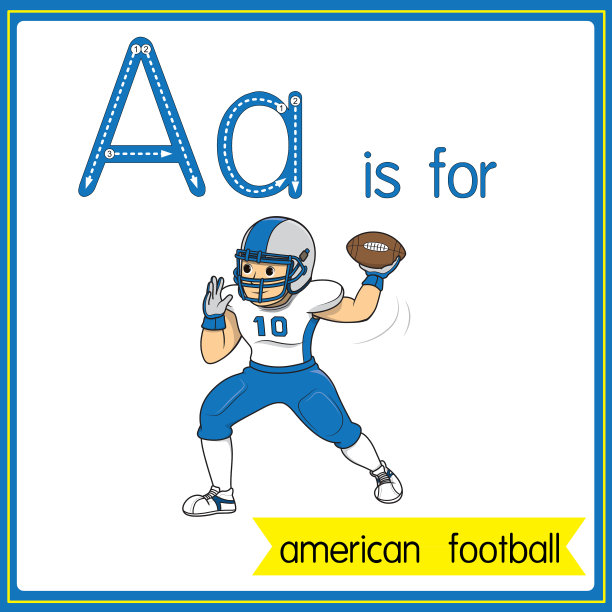矢量插图学习字母为儿童与卡通形象。字母A代表美式足球。图片下载