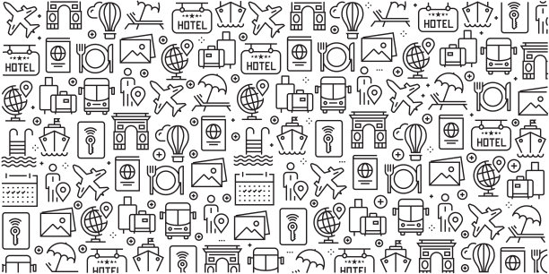 矢量设计模板和元素为旅游和旅游在流行的线性风格-无缝模式与线性图标相关的旅游和旅游矢量图片下载