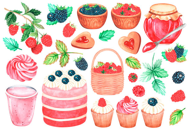 覆盆子和黑莓糖果套装。水彩插图。孤立在白色背景上。图片下载