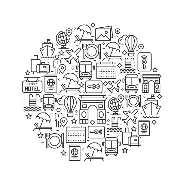 旅游和旅游概念-黑白线图标，以圆圈排列图片下载