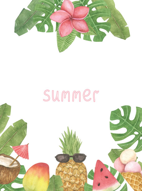 夏季水彩框架与食物和热带树叶。模板与水果和甜点与复制空间。素材图片
