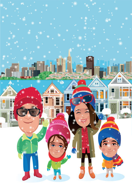 可爱的一家人在旧金山下雪的时候玩得很开心图片下载