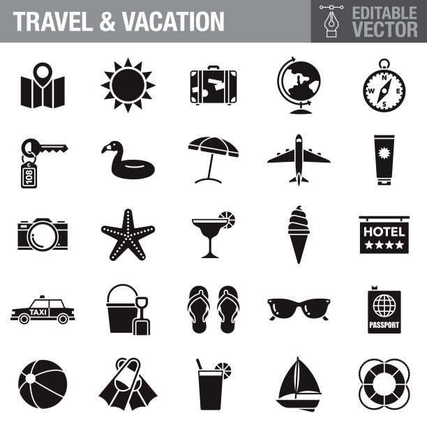 旅行和度假黑色字形图标集图片下载