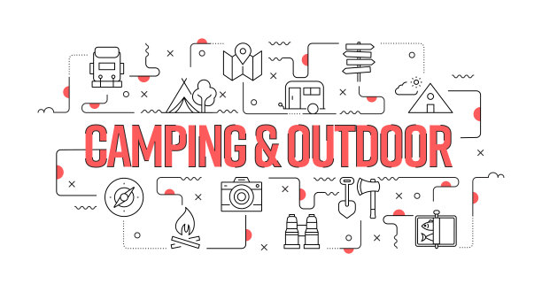 野营和户外网页横幅线风格。现代设计矢量插图图片下载