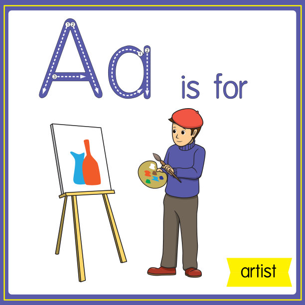 矢量插图学习字母为儿童与卡通形象。字母A代表艺术家。图片下载