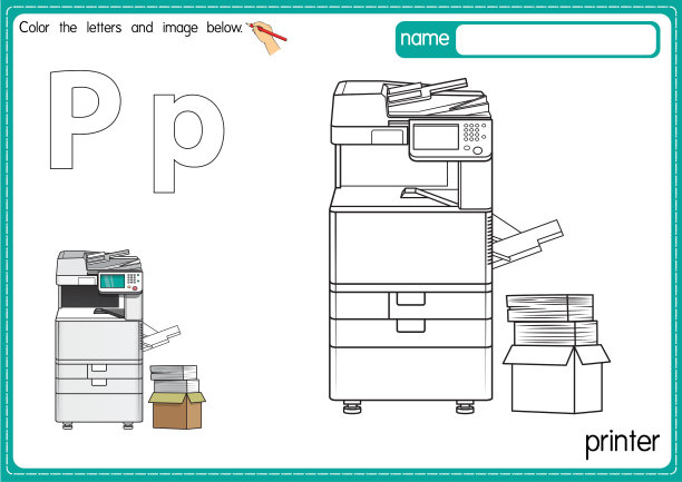 矢量插图的儿童字母着色书页与概述剪贴画，以颜色。字母P代表打印机。图片下载