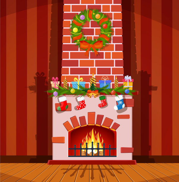 带袜子的红砖经典壁炉图片下载